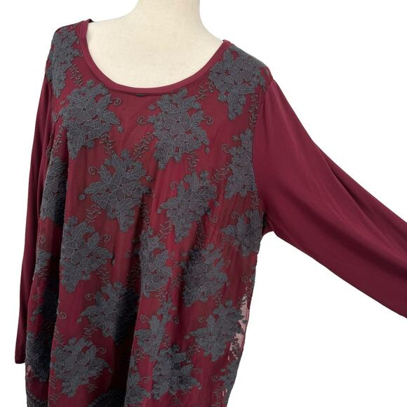 LOGO Lavish Lace Overlay Scoop Neck Top Tunic 2X Maroon A345571 Lori Goldstein - Picture 6 of 15